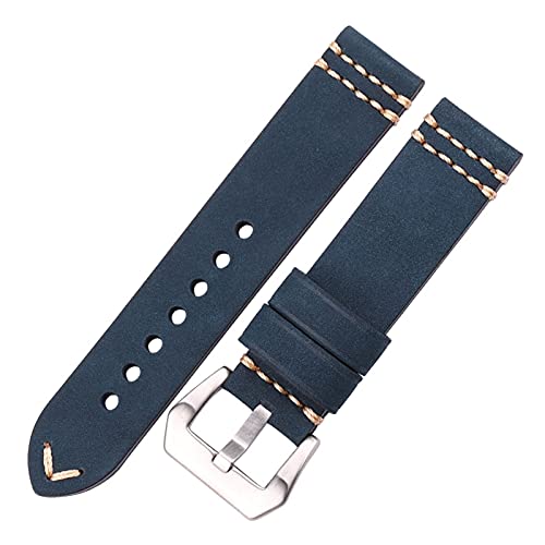Run Ken Uhrenarmbänder Echtes Leder Uhrenarmband 20mm 22mm 24mm Schwarz Braun Blau Gelb Damen Herren Rindsleder Armband Zubehör(Blue Silver Buckle,24mm) von Generic