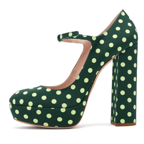 Runde Zehenpartie klobige High Heels für Damen, Plateau-Pumps mit Geschlossener Zehenpartie und Knöchelriemen Stilvolle Mary Janes für Brautpartys mit Blockabsatz,Green Polka dots,38 EU von Generic