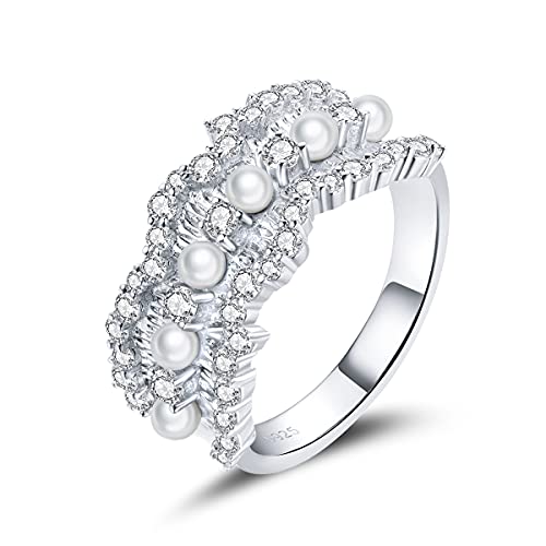 S925 Pavé-Fassung Charm Shell Pearl Pile-up Überzogener Platin GEM Ring für Damen und Mädchen von Generic