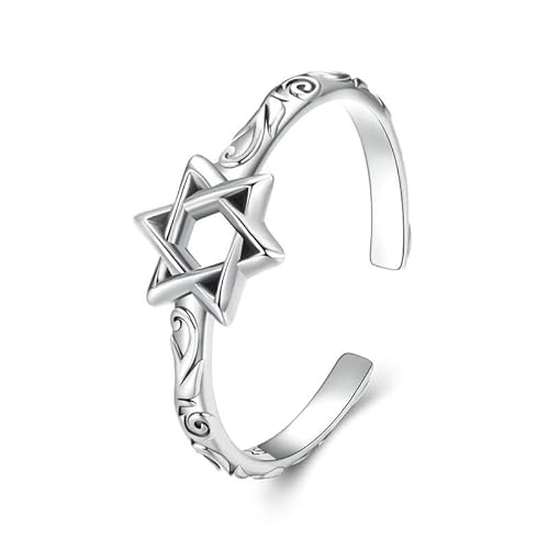 S925 Reines Silber Vergoldet Personalisierter Sechseck Stern Geschnitzte Textur Verstellbarer Offener Ring für Damen von Generic