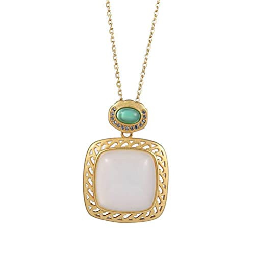 S925 Sterling Silber Halskette Weibliche Chinesische Ethnische Stil Vintage Vergoldet Nephrit Weiß Jade Anhänger Quadratische Schlüsselbein Kette Gold von Generic