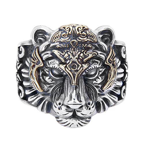 S925 Sterling Silber Herren Domineering Tiger Head Ring, Gothic Vintage Verstellbarer Tier Tiger Head Ring,Silber,10 von Generic