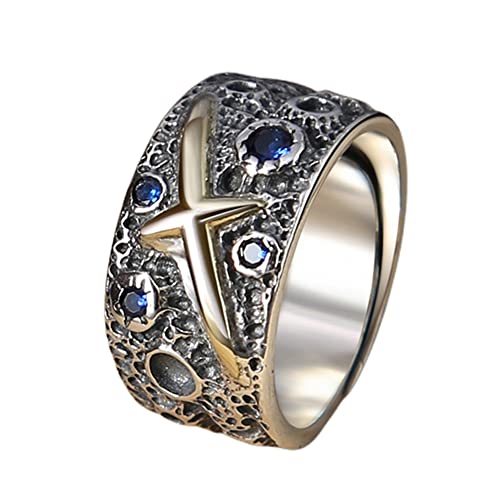 S925 Sterling Silber Herren Sternenhimmel Blau Meteorit Ring, Gothic Retro Mode Kreuz Ring,Silber,9 von Generic