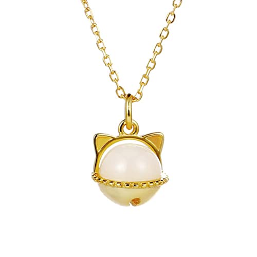 S925 Sterling Silber Katze Halskette Weibliche Vergoldet Intarsien Nephrit Weiß Jade Anhänger Katze Schlüsselbein Kette Silber Schmuck Gold von Generic