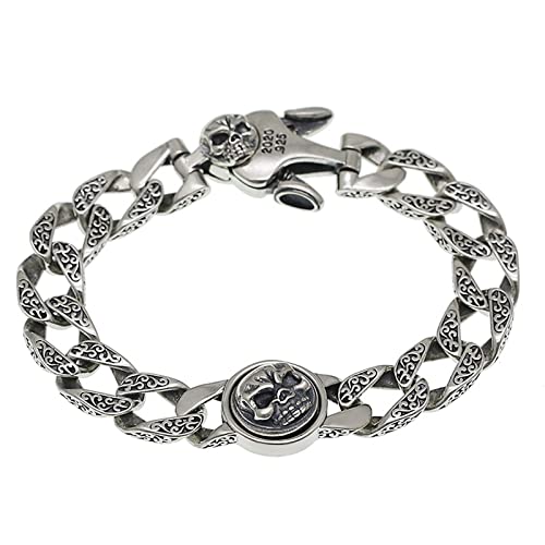 S925 Sterling Silber Totenkopf Armband für Herren, Gothic Vintage kubanische Kette Totenkopf Armband,Silber,18cm von Generic