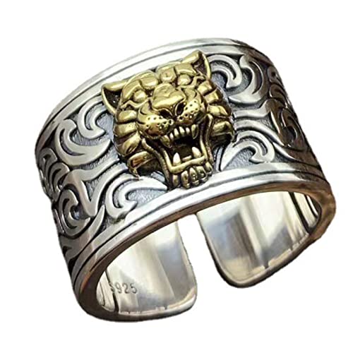 S925 Sterling Silber Wikinger Tigerkopf Ring, Herren Gothic Vintage Gravierter Tigerkopf Ring,Silber,12 von Generic