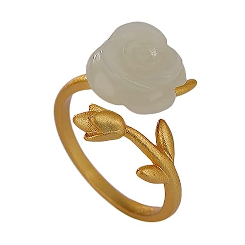 S925 Sterling Silber vergoldet verstellbar Rose weiß Jade Ring, Mode Damen Edelstein Ring von Generic