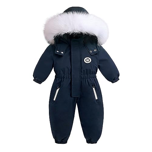 Säuglingsjungen-Mädchen-Winter-verdickter Kapuzen-Overall-Schneeanzug-Kleinkind-winddichter warmer Bodysuit-Outwear-Schnee-Abnutzung Jeansjacke für Babys (Navy, 12-18 Months) von Generic