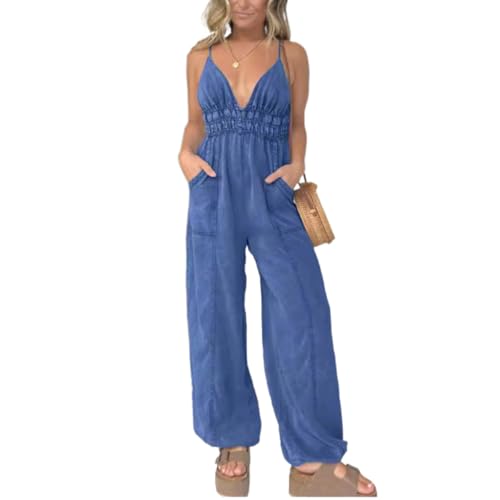 SaiDeng Damen Jeans Latzhose Sommer – Denim Bib Overall mit V-Ausschnitt & Hoher Taille – Weit Beinschnitt, Taschen & Figurbetonter Schnitt von Generic