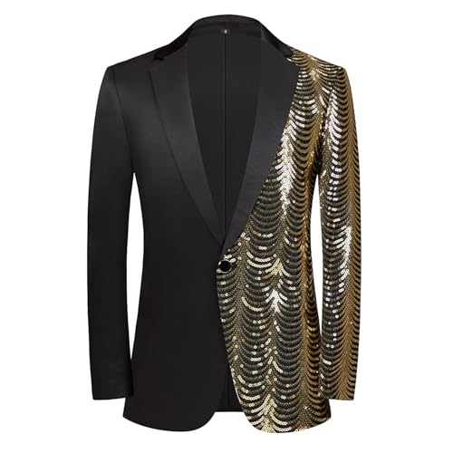 Sakko Herren Glitzer Goldene Hochzeit Party Pailletten Blazer Slim fit Männer Anzüge EIN Knopf Smoking Jacke Anzugjacke Sakkos für Herren Anzug Regular fit Modern Schwarz Anzug Herren Anzugjacken von Generic