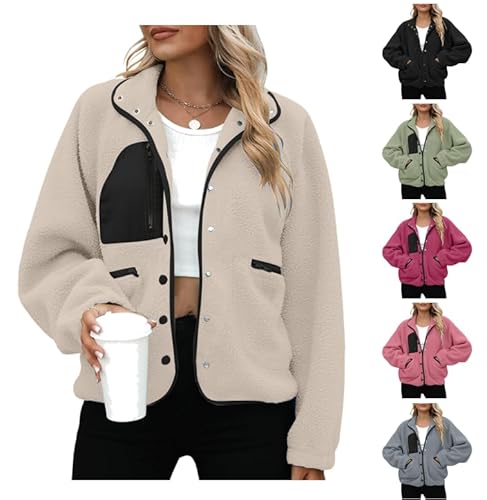 Sale angebote Teddy Fleecejacke Damen Übergangsjacke Baggy Passform Plüschjacke mit Brusttasche Revers Button-Down College Mantel Warme Plüschmantel mit Reißverschluss Tasche Autumn Winter Teddyjacke von Generic