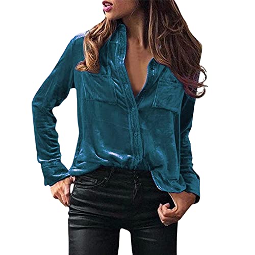 Samt Oberteil Damen Frauen Winter Mode-Töpfe Bluse Langarm solide Elegante Hemd-Knopftasche lässige Hemd-Top Hellblaue Bluse Weinrot Shirt Langarmshirt von Generic
