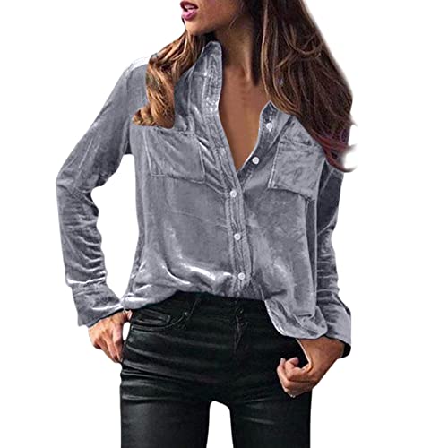 Samt Oberteil Damen Frauen Winter Mode-Töpfe Bluse Langarm solide Elegante Hemd-Knopftasche lässige Hemd-Top Hellblaue Bluse Weinrot Shirt Langarmshirt von Generic