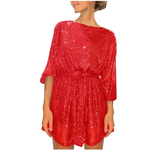 Samtkleid Damen Glitzerkleid Renaissance Kleid Pailletten Laternenärmel Kurz mit Gürtel Hohe Taille Rundhals Minikleid Elegant A-Linie(Rot,XXL) von Generic