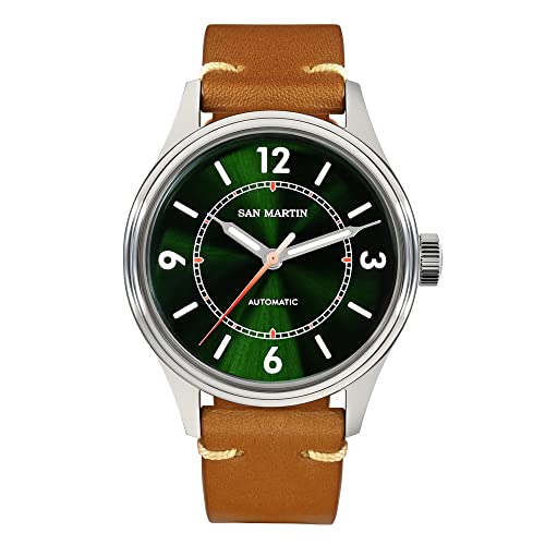 San Martin SN0108G2 Herren-Pilotenuhr, Emaille, blaues Zifferblatt, NH35, automatisch, mechanisch, Saphirglas, Lederarmband, Grün , Mechanisch von Generic