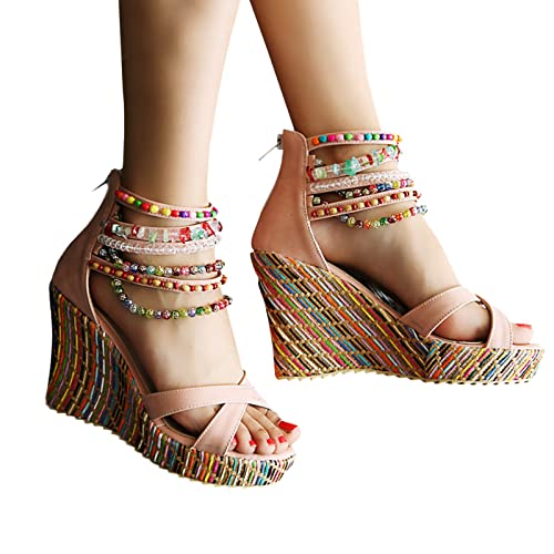 Sandalen Damen, Keilsandalen Damen Bunt Perlen Fesselriemen Böhmische Schuhe Plateau Wedge Sandaletten Cross Riemchensandalen Sommer Keilabsatz Freizeitschuhe Mode Elegant Damenschuhe von Generic