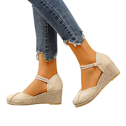 Sandalen Damen, Keilsandalen Damen Cap Toe Espandrillos Knöchelriemen Wedge Sandalen Geschlossene Espadrilles Sandaletten Sommer Atmungsaktive Freizeitschuhe Elegant Keilabsatz Damenschuhe von Generic