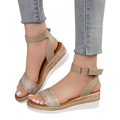 Sandalen Damen, Keilsandalen Damen Peep Toe Fesselriemen Sandaletten mit Schnalle Plateau Wedge Sandalen Slingback Sandale Schlange Riemchensandalen Frauen Sommer Elegant Freizeitschuhe von Generic