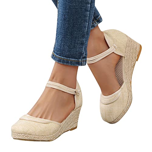 Sandalen Damen, Sandaletten Damen Espadrilles Keilsandalen Fesselriemen Cap Toe Sandalen Plateau Wedge Espandrillos mit Schnalle Geschlossene Abendschuhe Frauen Sommer Elegant Brautschuhe von Generic