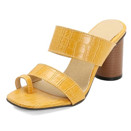 Sandalen Damen Blockabsatz Mit Schlangenmuster Band Kreuzriemen Trendig Quadratspitze Offen Geteilter Zeh Ring Sommerliche Elegante Schlupfsandalen Mit Rutschfester Gummisohle,Gelb,38 EU von MiaZane