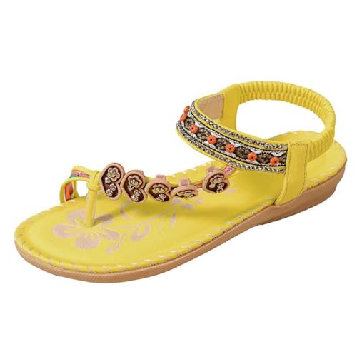Sandalen Damen Boho Bequeme Sandaletten Elegant Weich Sommerschuhe mit Strass Perlen Bohemia Flache Schuhe Sommer Freizeit Offene Strandschuhe Ankle Elastic Flip Flops (Yellow-a, 37) von Generic