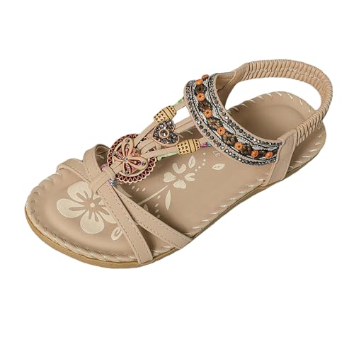Sandalen Damen Elegant Bequem Flach Atmungsaktiv Slingback Zehentrenner Sommerschuhe Strand Urlaub Freizeit Fußbett Sandaletten Leicht Sommer (Beige, 39) von Generic