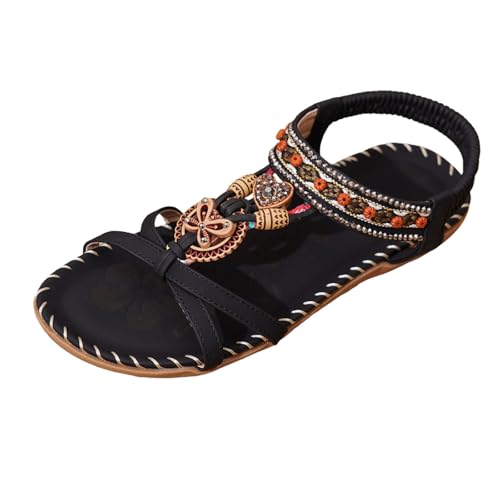 Sandalen Damen Elegant Bequem Flach Atmungsaktiv Slingback Zehentrenner Sommerschuhe Strand Urlaub Freizeit Fußbett Sandaletten Leicht Sommer (Black, 41) von Generic