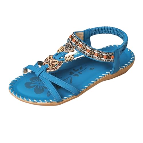 Sandalen Damen Elegant Bequeme Orthopädische Zehentrenner Mit Fußbett Atmungsaktiv Flache Slingback Sandaletten Für Strand Urlaub Freizeit Sommer (Blue, 35) von Generic
