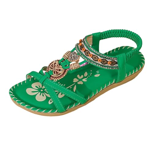 Sandalen Damen Elegant Bequeme Orthopädische Zehentrenner Mit Fußbett Atmungsaktiv Flache Slingback Sandaletten Für Strand Urlaub Freizeit Sommer (Green, 42) von Generic