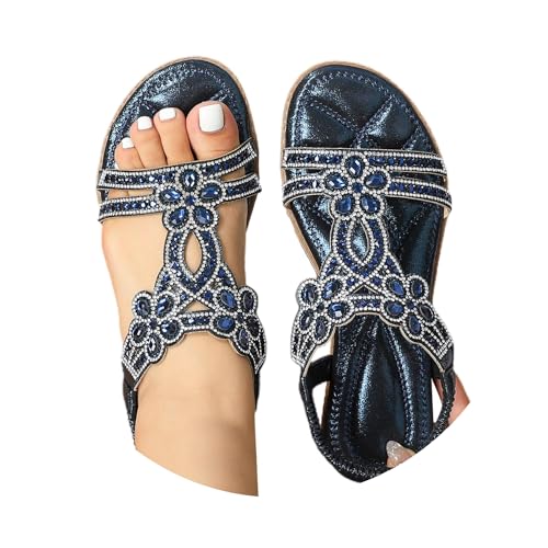Sandalen Damen Elegant Strass Flache Sandaletten Offene Zehe Frauen Sandal mit Weiche Fußbett Sommerschuhe Glitzer Boho Flip Flops Sommer Schuhe für Damen Slingback Sandalen Mädchen Strandschuhe von Generic