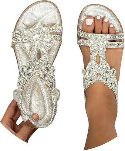 Sandalen Damen Elegant Strass Flache Sandaletten Offene Zehe Frauen Sandal mit Weiche Fußbett Sommerschuhe Glitzer Boho Flip Flops Sommer Schuhe für Damen Slingback Sandalen Mädchen Strandschuhe von Generic