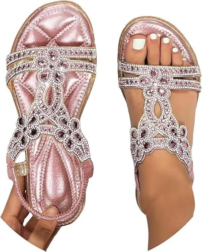 Sandalen Damen Elegant Strass Flache Sandaletten Offene Zehe Frauen Sandal mit Weiche Fußbett Sommerschuhe Glitzer Boho Flip Flops Sommer Schuhe für Damen Slingback Sandalen Mädchen Strandschuhe von Generic