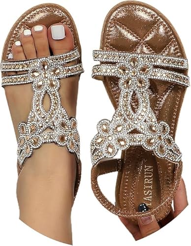 Sandalen Damen Elegant Strass Flache Sandaletten Offene Zehe Frauen Sandal mit Weiche Fußbett Sommerschuhe Glitzer Boho Flip Flops Sommer Schuhe für Damen Slingback Sandalen Mädchen Strandschuhe von Generic