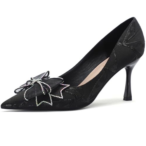 Sandalen Damen Französische Spitze Zehen Strass Schleife Pfennigabsätze Pumps Mit Atmungsaktiver Futter Antirutschsohle Für Hochzeitsempfang Cocktailparty,Black(Heel:5cm),42 EU von Qynthra