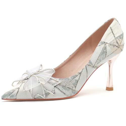 Sandalen Damen Französische Spitze Zehen Strass Schleife Pfennigabsätze Pumps Mit Atmungsaktiver Futter Antirutschsohle Für Hochzeitsempfang Cocktailparty,Blue(Heel:10cm),38 EU von Qynthra