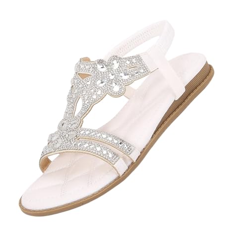 Sandalen Damen Glitzer Strass Sandalette Bohemia Elegant Sommerschuhe Bequem Weichen Sohlen Gummiband Slingback Sandaletten Boho Flach Strandschuhe Freizeit Sandals Damensandalen von Generic