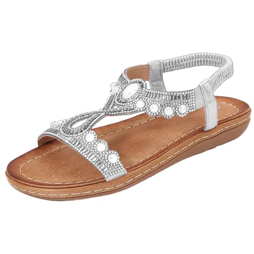 Sandalen Damen Mit Absatz Sommer Offener Zehen Flache Sandaletten Bohemia Sandals Rutschfeste Strick Sommerschuhe Mode Plateau Casual Ankle Elastic Flip Flops Geflochtene von Generic