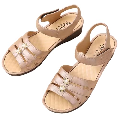 Sandalen Damen Mit Perlen Fußbett orthopädische Anti-Rutsch Bequeme Sandaletten 𝐒ommer 𝐓rekking Verstellbaren Riemen Rutschfest Gummisohle Schaum Breit Atmungsaktive Hausschuhe (Gold, C) von Generic