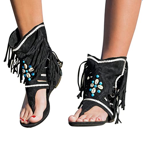 Sandalen Damen Sommer,Sandaletten Damen Flache Schuhe mit Fransen Sandalen Zehentrenner Römersandalen Clip Toe Quaste Retro Damenschuhe Frauen Casual Peep Toe Römische Sandale Outdoorschuhe von Generic