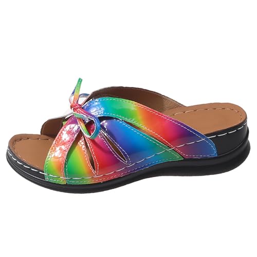 Sandalen Damen Sommer Damen Hausschuhe Mit Regenbogen Schleife Und Keilabsatz Für Den Sommer Lässig Leichte Strandsandalen Schuhe Damen Boots Mit Absatz von Generic