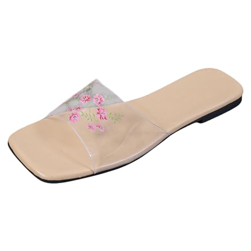 Sandalen Damen Sommer Damen Sommer Transparent Blumen Weiche Unterseite Quadratische Zehen Flache Strand Große Größe Sandalen Hausschuhe Pumps S Schuhe Damen Schwarz von Generic