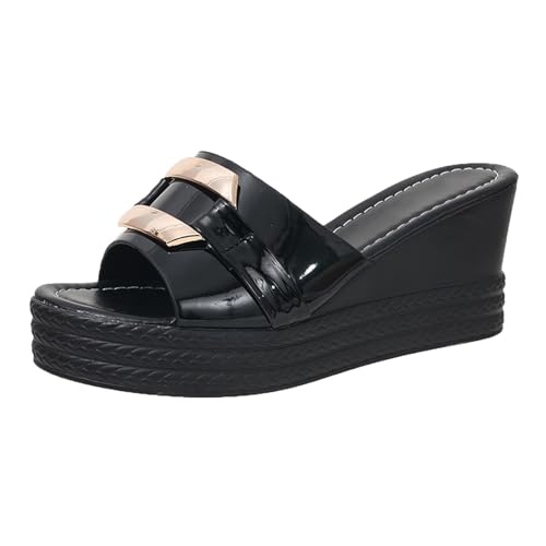 Sandalen Damen Sommer Elegant Mit Keilabsatz Pantoletten Pu-Leder Keilsandaletten Plateau Sommerschuhe High Heel Plattform Pantolette Sommer Peep Toe Hausschuhe Festlich Abendschuhe von Generic