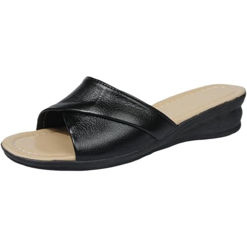 Sandalen Damen Sommer Elegant Mit Keilabsatz Schlappen Plateau Pantoletten Pu-Leder Sandaletten Bohemian Strandsandalen Bequem Sommerschuhe Offen Hausschuhe Freizeit Senioren Slides von Generic
