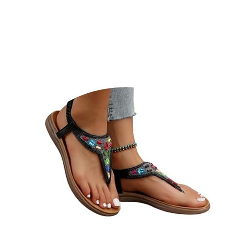 Sandalen Damen Sommer Flach Bequem Zehentrenner Sandalen Breite Füße Damen Sandaletten Elegant Boho Strand Riemchensandalen Flip Flops Leder Orthopädische Slipper mit Strass Pantoletten von Generic