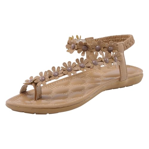 Sandalen Damen Sommer Flach Bequem Zehentrenner Weite Sandaletten Elegant Boho Strand Riemchensandalen Flip Flops Breite Füße Leder Orthopädische Slipper mit Blumen von Generic