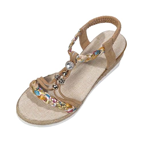 Sandalen Damen Sommer Flache Sandalette Boho Sandals mit Strass Perlen Freizeit Strand Schuhe Orthopädische Sandalen Casual Ankle Elastic Flip Flops Geflochtene von Generic
