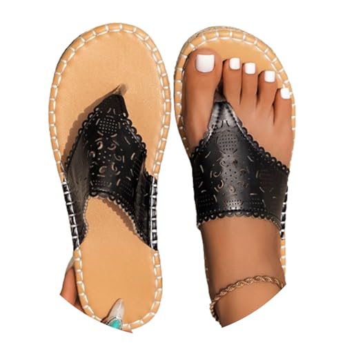 Sandalen Damen Sommer Flache Sandaletten Flip Flops PU Leder Bohemian Flach Strandsandalen Frauen Slide Freizeit Hausschuhe Zehentrenner mit Weiche Fußbett Klassisch Strand Sandalen von Generic