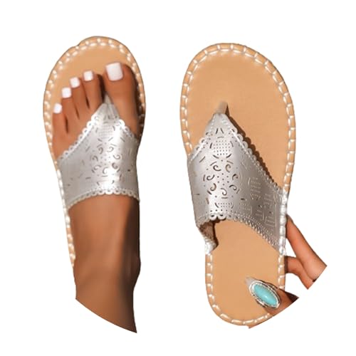 Sandalen Damen Sommer Flache Sandaletten Flip Flops PU Leder Bohemian Flach Strandsandalen Frauen Slide Freizeit Hausschuhe Zehentrenner mit Weiche Fußbett Klassisch Strand Sandalen von Generic