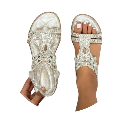 Sandalen Damen Sommer Leichte Sommerschuhe Damen Elegante Sandaletten Flache Strass Boho Strandschuhe Damenschuhe Bequem Weichen Sohlen Glitzer Flip Flops Gummiband Slingback Sandalen Mädchen Sandals von Generic