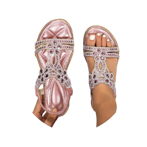 Sandalen Damen Sommer Leichte Sommerschuhe Damen Elegante Sandaletten Flache Strass Boho Strandschuhe Damenschuhe Bequem Weichen Sohlen Glitzer Flip Flops Gummiband Slingback Sandalen Mädchen Sandals von Generic